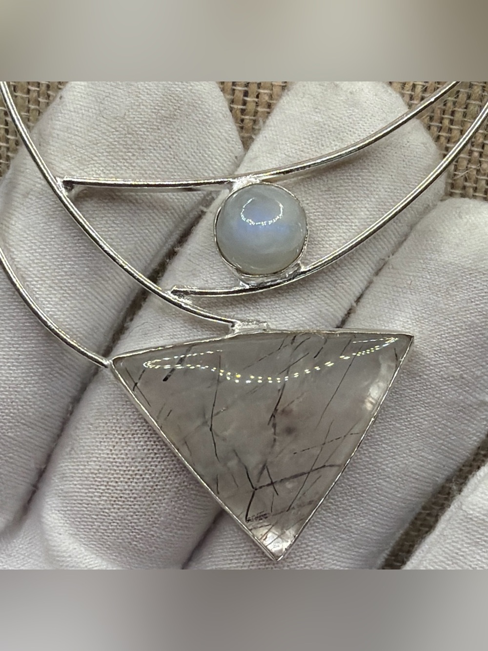 Artisan Rutile Quartz & Rainbow Moonstone Sterling Silver Necklace - Picture 4 of 7